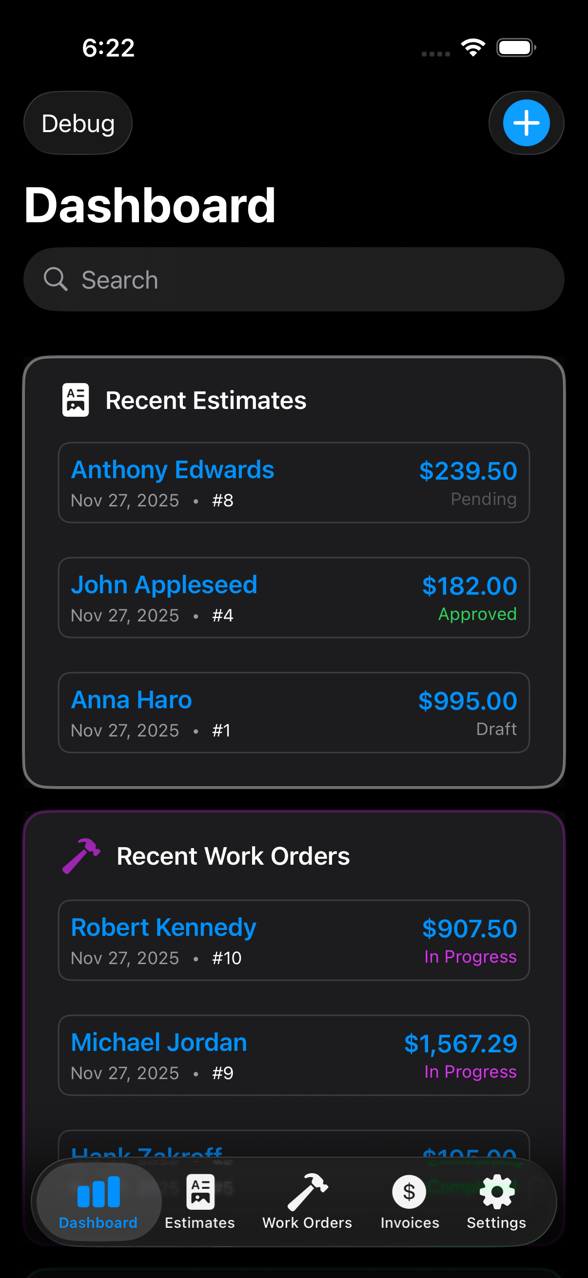 Invoice overview on iPhone