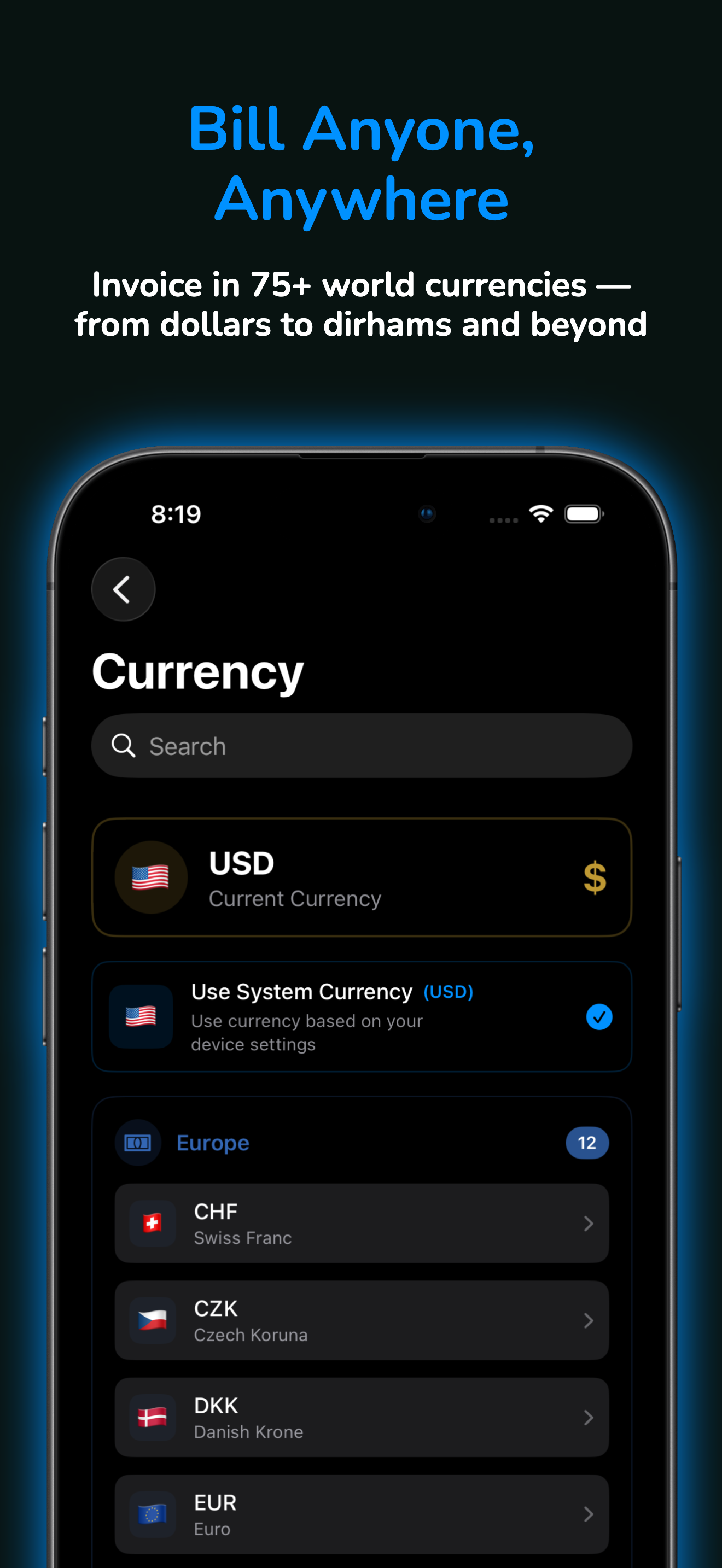 Invoice generation screen